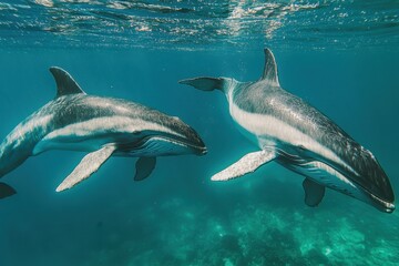 Fototapeta premium Two dolphins swimming gracefully underwater in a clear blue ocean.