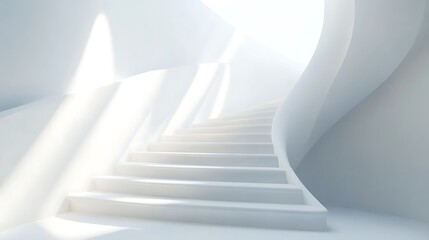Fototapeta premium White spiral staircase ascending towards sunlight in a minimalist interior.