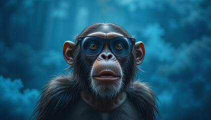 surprised chimpanzee wear glasses on bright blue background