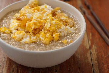 Boiled Germinated Brown Rice or local Call ‘Khao Hang ‘, Boiled Brown rice With scrambled eggs or fried. Easy food. Healthy food.