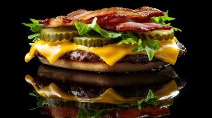Juicy bacon cheeseburger with pickles, lettuce, reflection