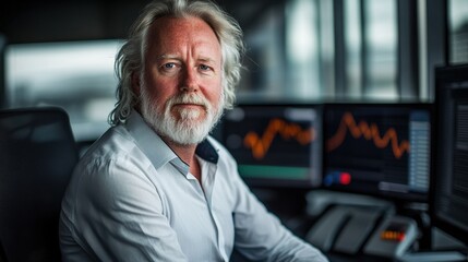 Confident businessman analyzing data on multiple computer screens in a modern office.