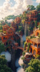 Obraz premium A breathtaking view of terraced, orange-hued architecture nestled in lush greenery.