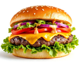 High-quality gourmet burger with melted cheddar, fresh lettuce, and a golden brioche bun, isolated on white. Perfect for food branding, packaging, menus, and advertisements.