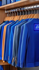 Obraz premium Stylish blue blazers hanging neatly in a modern wardrobe.