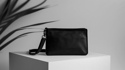 A classic wristlet purse in black with a detachable strap placed on a white surface.