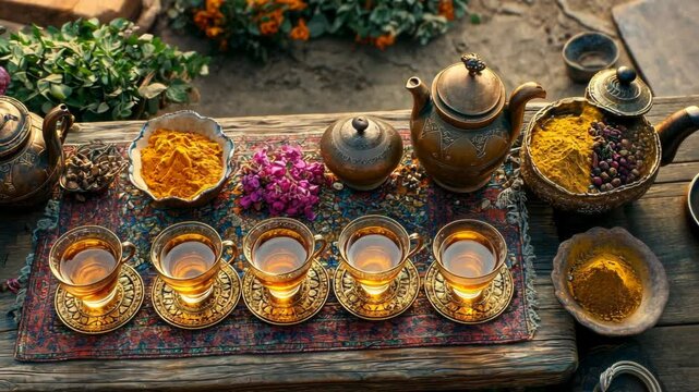 Vibrant tea setup with spices and flowers on a rustic wooden table