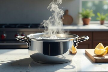 Stainless steel pot filled with flowing water and visible steam on a marble countertop, cooking vessel, stainless steel, metal