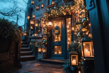 Fototapeta premium Enchanted Christmas Eve at a Cozy Stone House Decorated with Numerous Lanterns and Festive Lights.