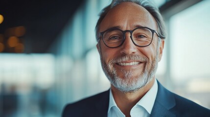 Naklejka premium Confident businessman smiling in a modern office environment with natural light.
