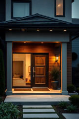 Modern House Entrance at Night: Luxurious Home Exterior Design