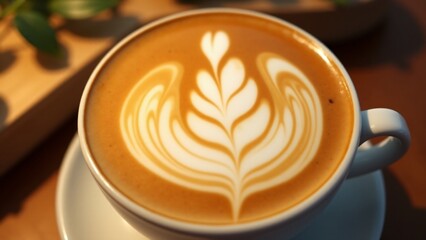 A latte art design featuring a sun with rays, bringing positive energy and good vibes to start the day with warmth and brightness.