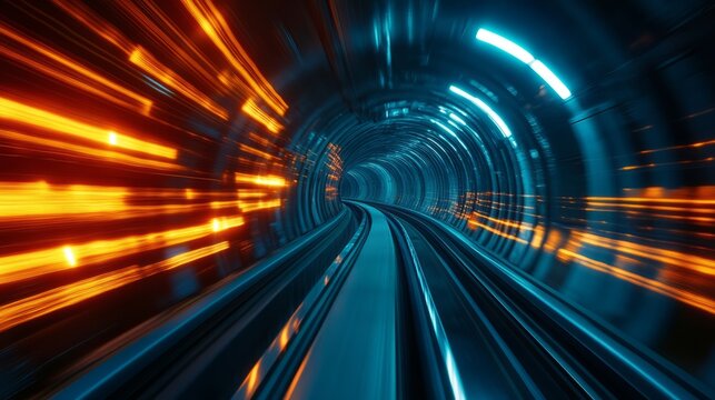 Subway tunnel perspective, dynamic motion blur, glowing lights, futuristic tone 