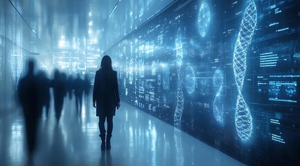 Fototapeta premium A Solitary Figure in a Futuristic Corridor of Genetic Data