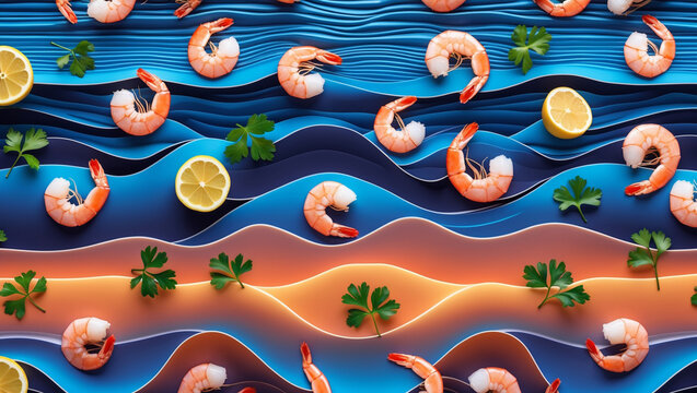 Seafood-Themed Background with Gradient Blue and Orange Ocean Wave Pattern