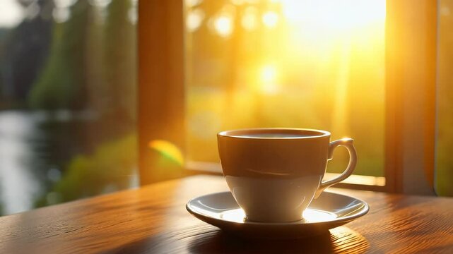 Cozy Morning Coffee Cup with Sunrise View from Window