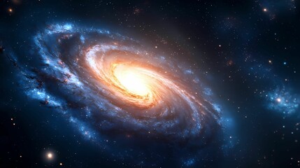 Obraz premium A stunning galaxy spirals with vibrant colors, featuring a brilliant core surrounded by swirling cosmic dust and stars.