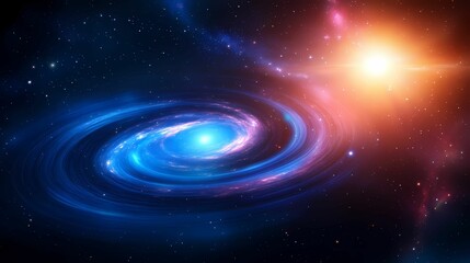 Fototapeta premium A vibrant galaxy spirals through a starry backdrop, illuminated by a bright sun, showcasing the beauty of the cosmos.