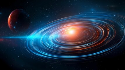 Fototapeta premium A vibrant depiction of a swirling galaxy with bright spirals, set against a backdrop of stars and a nearby planet.