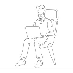 Continuous one line drawing man sitting with laptop. A programmer works online. A designer at a computer. One continuous line isolated minimal illustration.Not AI.
