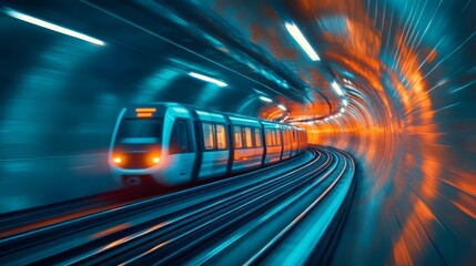 Fototapeta premium Fast subway train motion blur photography, glowing tunnel lights 
