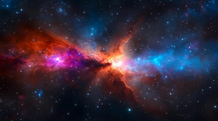 Obraz premium A vibrant cosmic scene with swirling colors of purple, blue, and orange, depicting a nebula in the vastness of space.