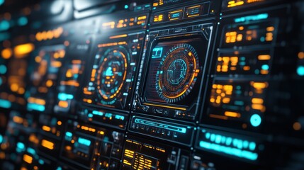 Obraz premium Futuristic digital interface with glowing orange and blue HUD elements.