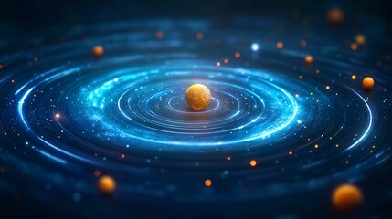 A vibrant cosmic scene depicts swirling blue energy surrounding a central golden sphere, symbolizing celestial bodies and the universe's vastness.