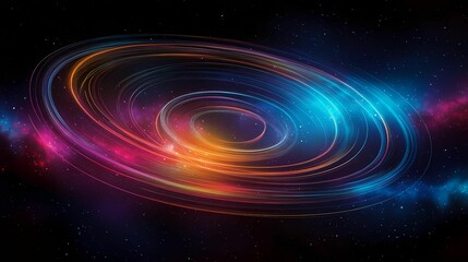 A vibrant cosmic swirl of colors representing a galaxy, featuring bright blues, oranges, and purples against a dark space backdrop.