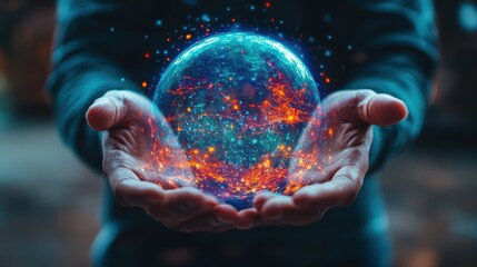 Glowing Earth sphere held in cupped hands.