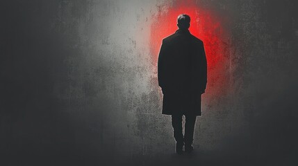 Obraz premium Man in coat, dark wall, red light, mystery, suspense, thriller