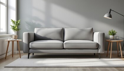 Hyper-realistic side view of a single sofa in a stylish home office setting. The sofa features a classic design with high-quality fabric in a muted gray tone, accented with black metal legs