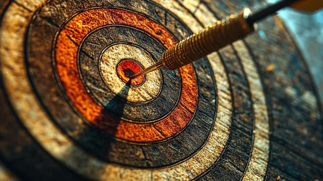 Close-up of a dart hitting the center of a wooden target board