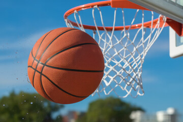 Basketball soaring through the air towards a hoop