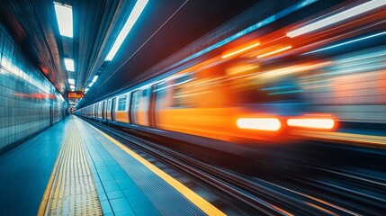 Fototapeta premium High-speed train photography in a subway, motion blur streaks, vibrant tones 