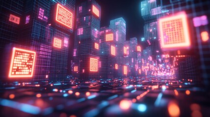 Fototapeta premium A futuristic cityscape with glowing neon grids and digital elements.