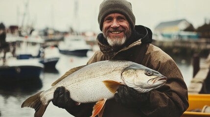 Obraz premium A fisherman proudly holding a large, shiny fish, standing on a wooden pier with boats anchored in the background,