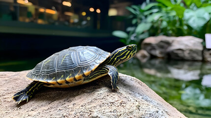 Obraz premium Yellow Striped Turtle on Rock Near Pond