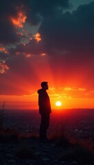 Obraz premium Dramatic silhouette of Essen against fiery sunset , cityscape, red