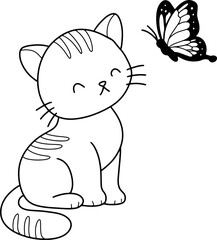 Cute cat with butterfly cartoon animal outline, line art clipart png illustration