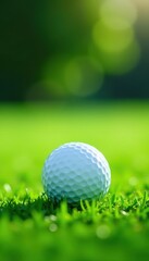 Fototapeta premium Close-up of pristine white golf ball on vibrant green grass , challenge, fairway, precision