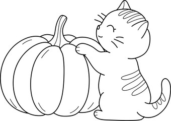 Cute cat with pumpkin cartoon animal outline,line art clipart png illustration