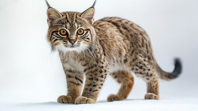 Pixiebob cat with tufted ears and spotted fur looking curious.