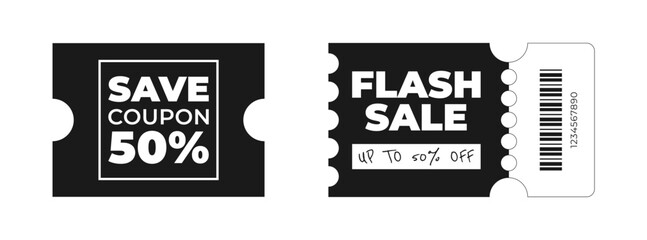 Obraz premium Set of discount, promotion coupon templates for special offer with sale text. Concept voucher for announcement, advertising. Black, white colors. Vector illustration isolated on transparent background