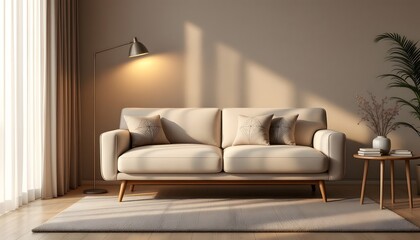 A realistic living room scene featuring a modern single sofa with a neutral beige fabric and sleek wooden legs. The sofa is complemented by a few throw pillows with a geometric pattern for 