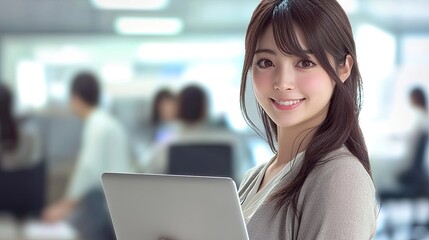 Smiling Japanese businesswoman standing in an office, holding her laptop. She is wearing casual clothes, and other people working behind her are blurred.,generated ai. 

