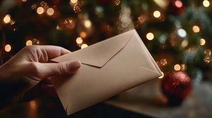 Hand Holding Envelope with Festive Holiday Lights in Background Creating Warm and Cozy Atmosphere