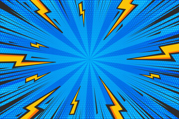 Cartoon comic background with lightnings. Pop art graphic with halftone effect and radial thunders. Blue abstract vector illustration with flash light and speed lines frame. - obrazy, fototapety, plakaty