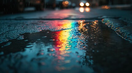 Reflections in Rainy Street with Colorful Lights at Night