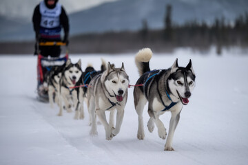 Dog sled team racing across the snowy terrain